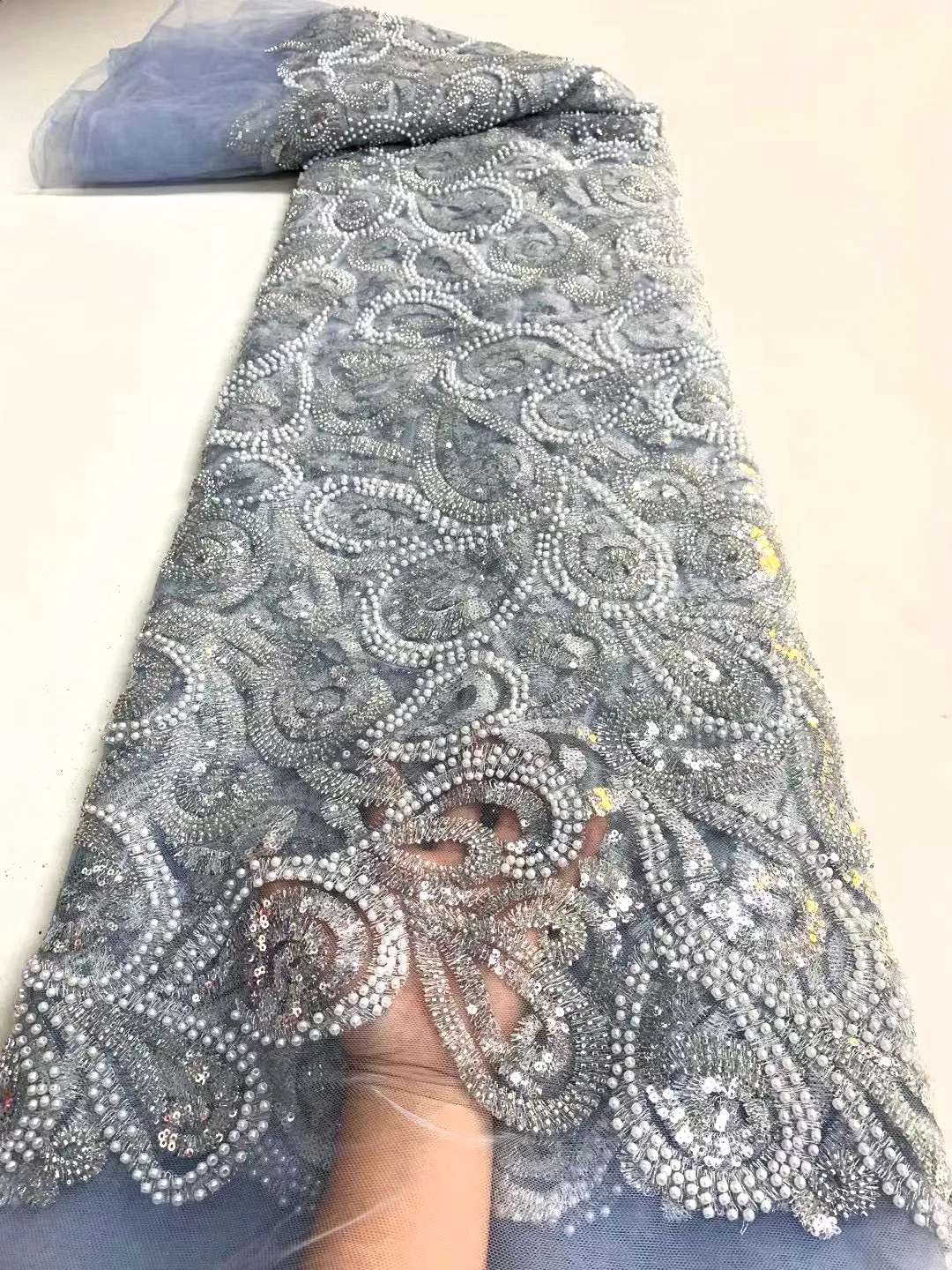 5 YARDS / 4 COLORS / Chayma Beautiful Full Sequin Beaded Embroidery Glitter Tulle Mesh LaceParty Prom Bridal Dress Fabric