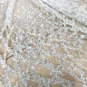 5 YARDS / Erine Geometric Silver Beaded Glitter Embroidery Mesh Lace Party Prom Bridal Dress Fabric