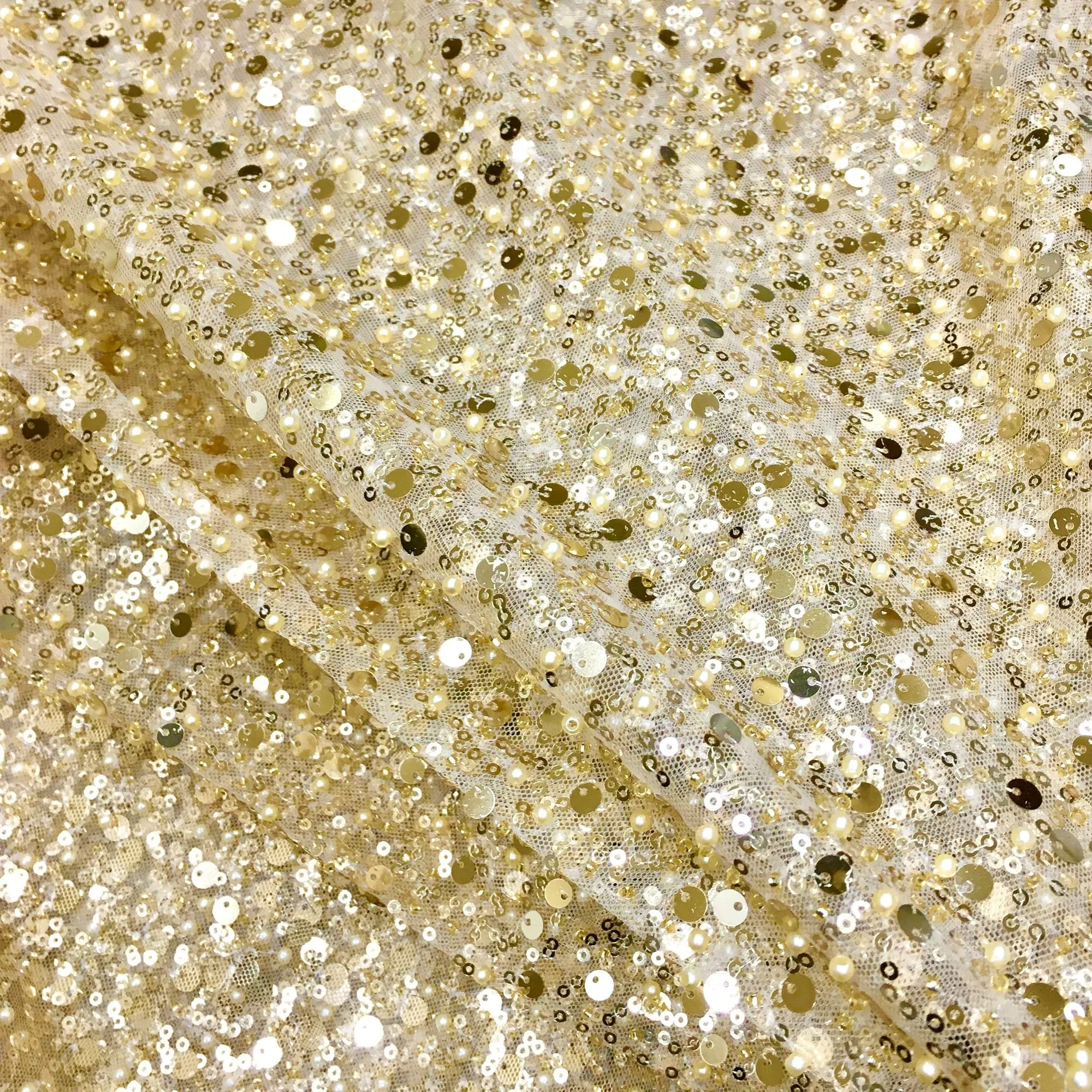 5 YARDS / GRACE Gold Beaded Mesh Ground Glitter Embroidery Mesh Lace / Dress Fabric / By the yard