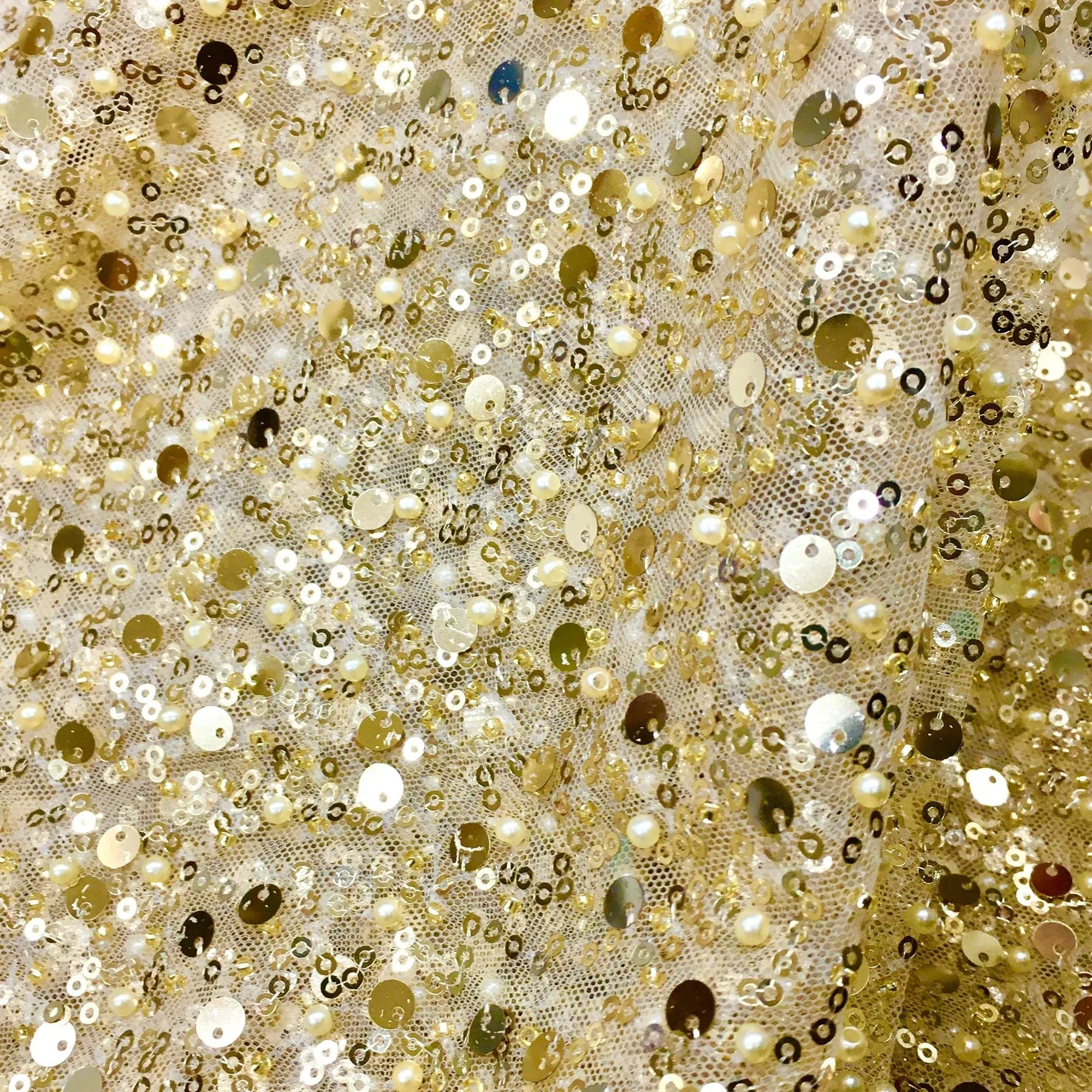 5 YARDS / GRACE Gold Beaded Mesh Ground Glitter Embroidery Mesh Lace / Dress Fabric / By the yard