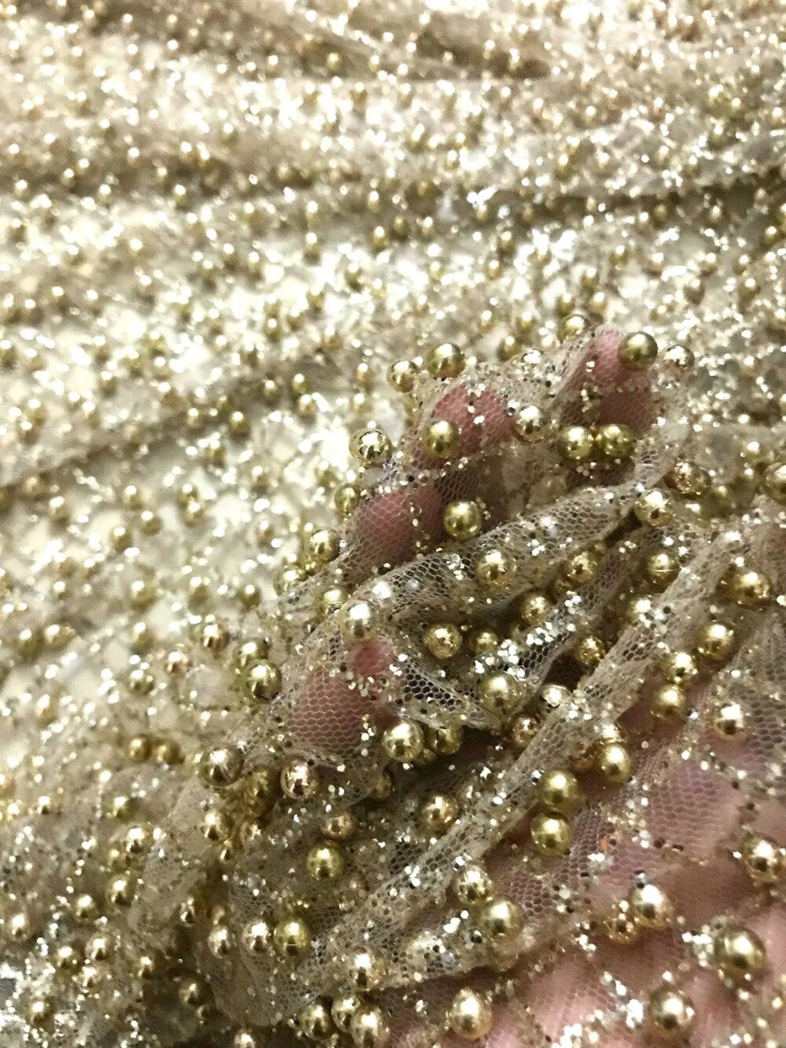 5 YARDS / Joanna Overall Gold Beads Metallic Gold Glitter Embroidery Mesh Lace / Party Prom Bridal Dress Fabric