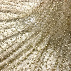 5 YARDS / Joanna Overall Gold Beads Metallic Gold Glitter Embroidery Mesh Lace / Party Prom Bridal Dress Fabric