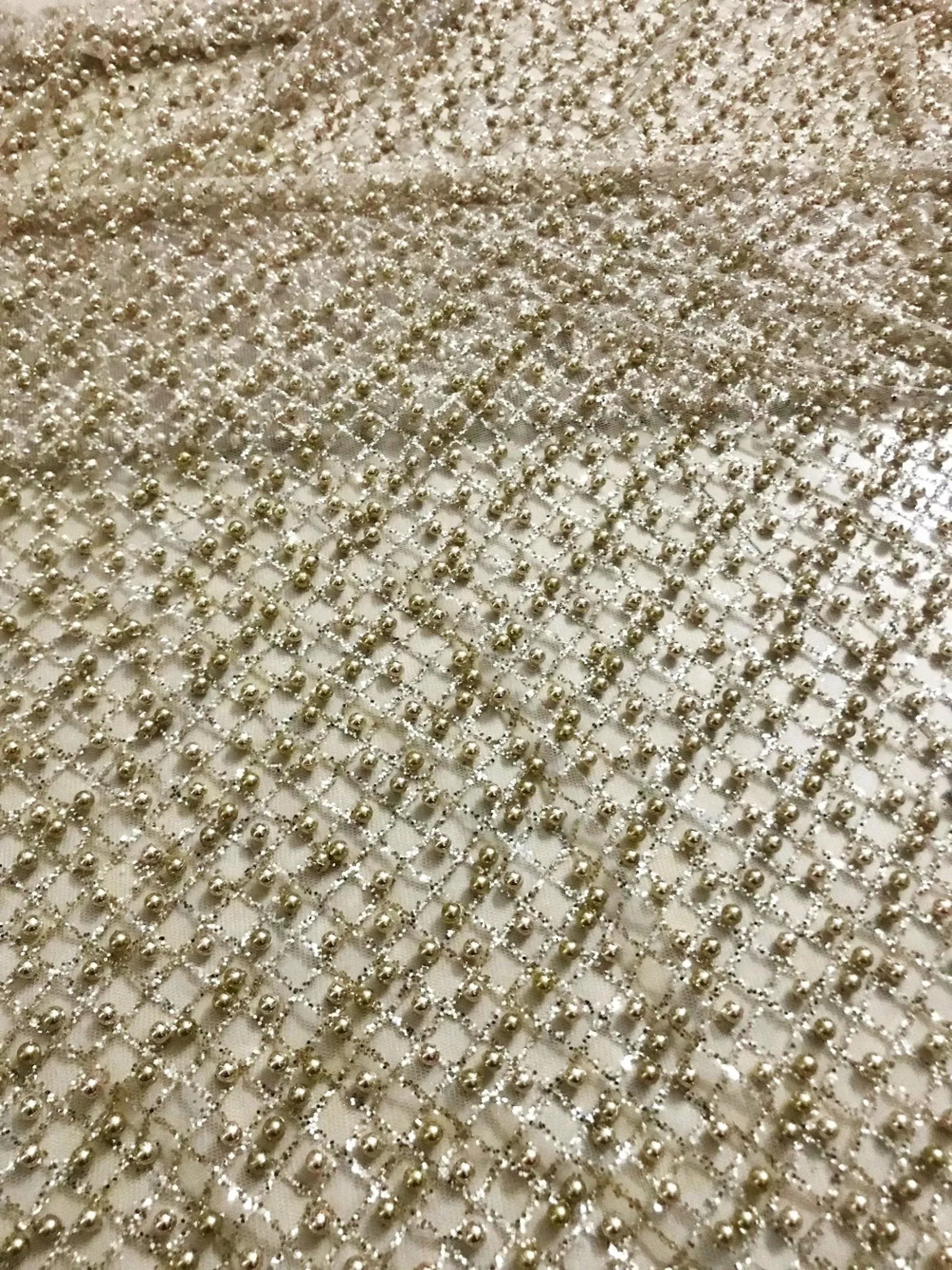 5 YARDS / Joanna Overall Gold Beads Metallic Gold Glitter Embroidery Mesh Lace / Party Prom Bridal Dress Fabric