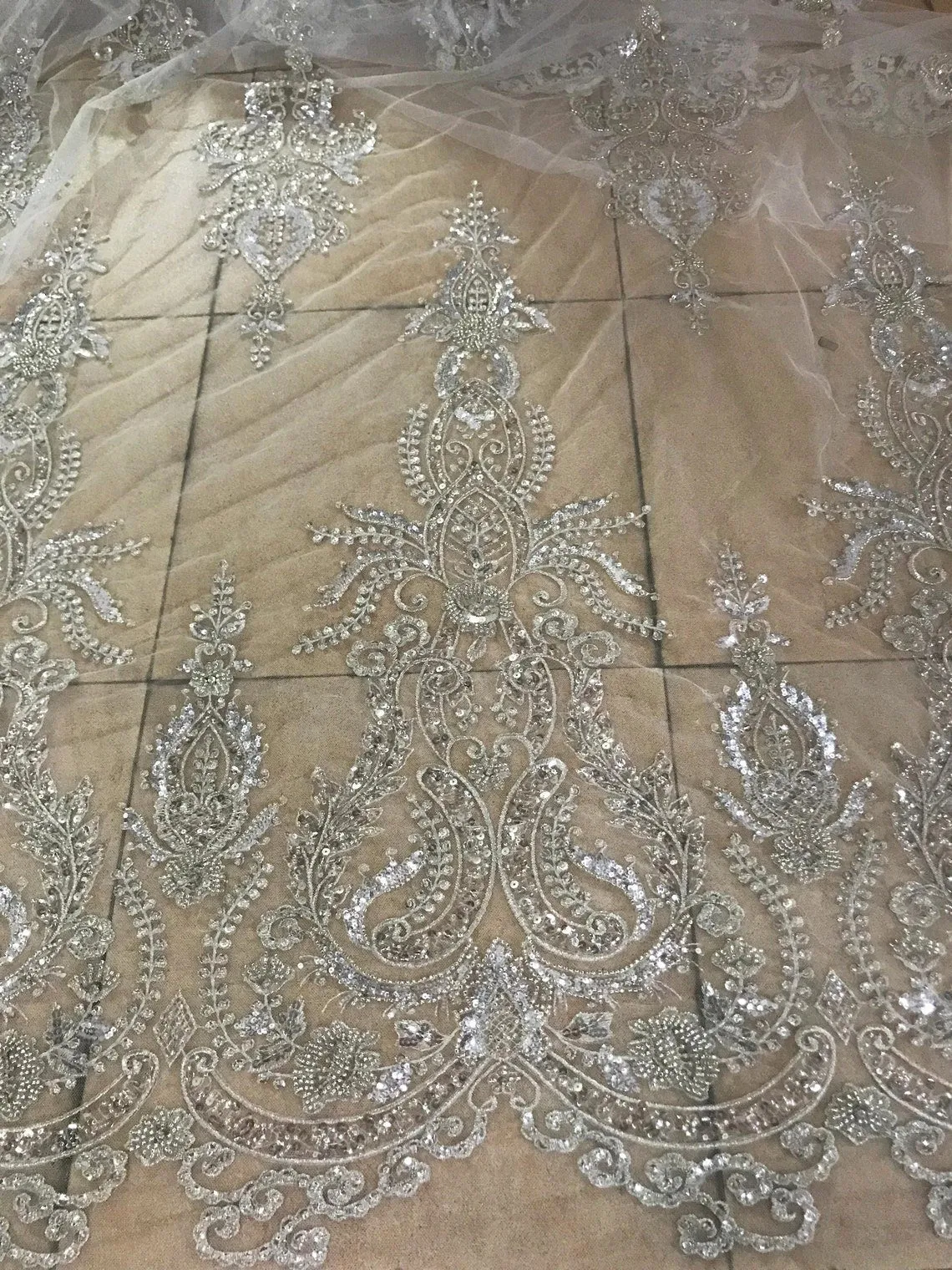 5 YARDS / Kamelia IVORY SILVER Beaded Mesh Ground Glitter Geometric Embroidery Mesh Lace / Party Prom Bridal Dress Fabric