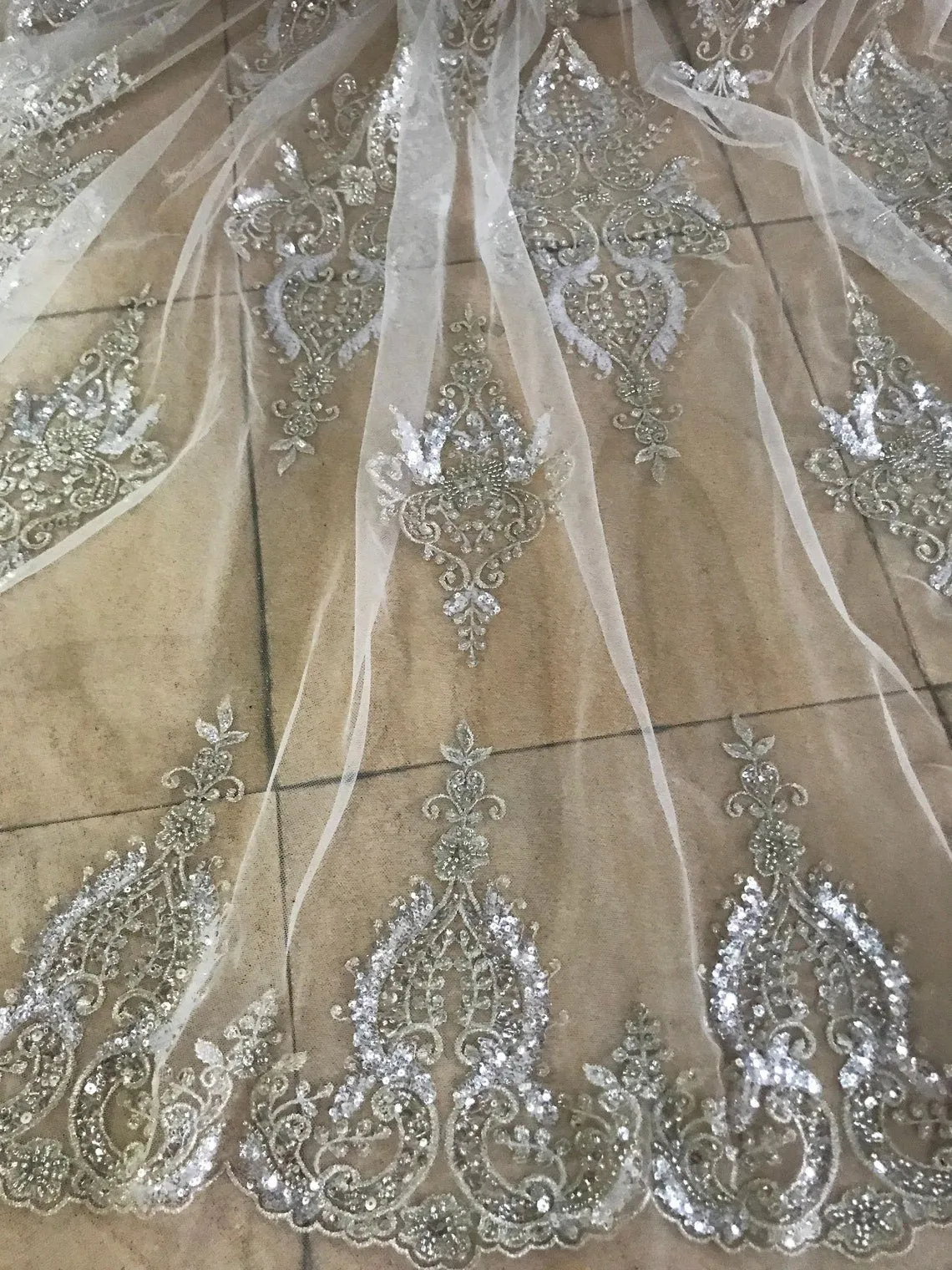 5 YARDS / Kamelia IVORY SILVER Beaded Mesh Ground Glitter Geometric Embroidery Mesh Lace / Party Prom Bridal Dress Fabric