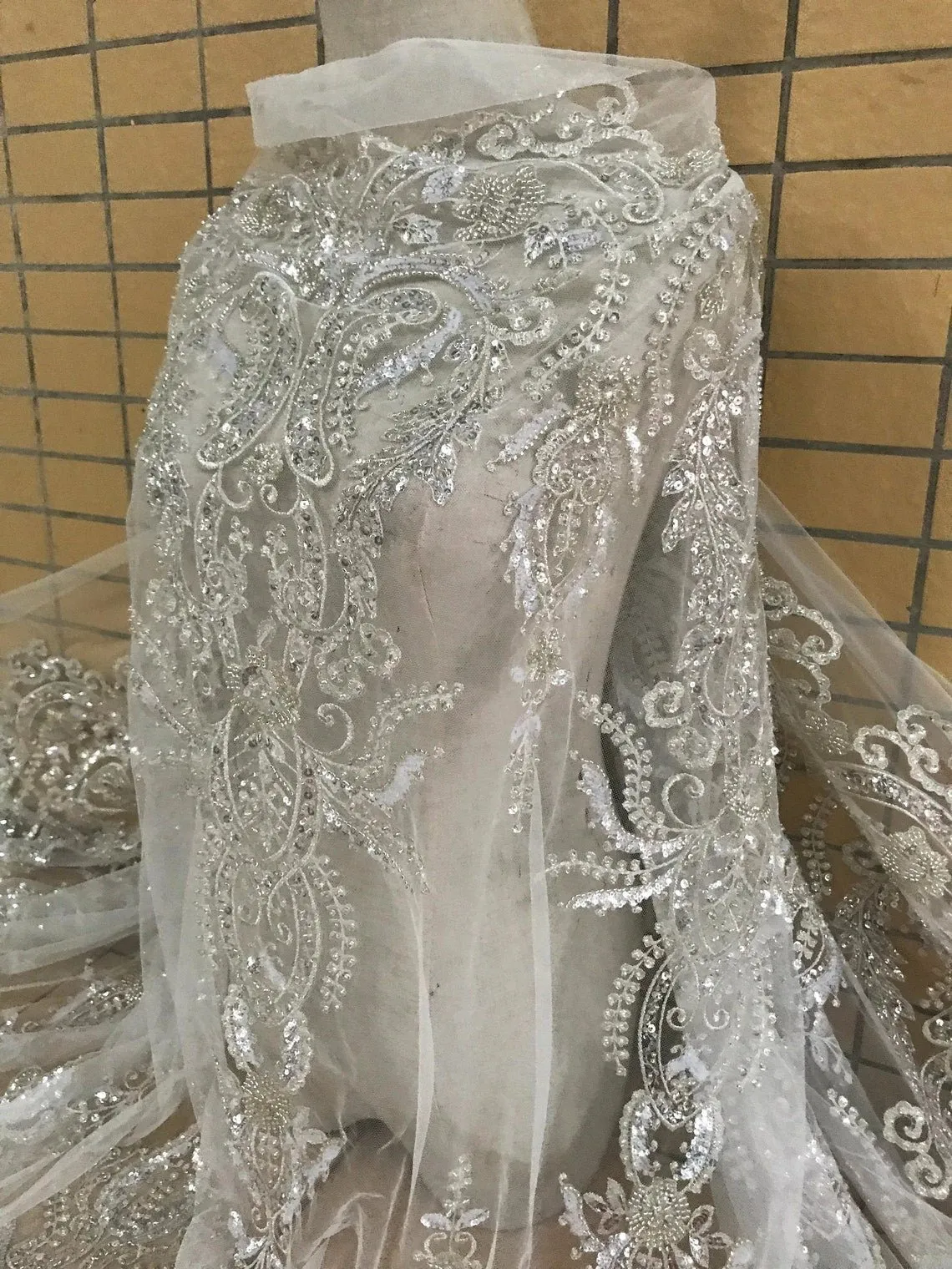 5 YARDS / Kamelia IVORY SILVER Beaded Mesh Ground Glitter Geometric Embroidery Mesh Lace / Party Prom Bridal Dress Fabric