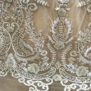 5 YARDS / Kamelia IVORY SILVER Beaded Mesh Ground Glitter Geometric Embroidery Mesh Lace / Party Prom Bridal Dress Fabric