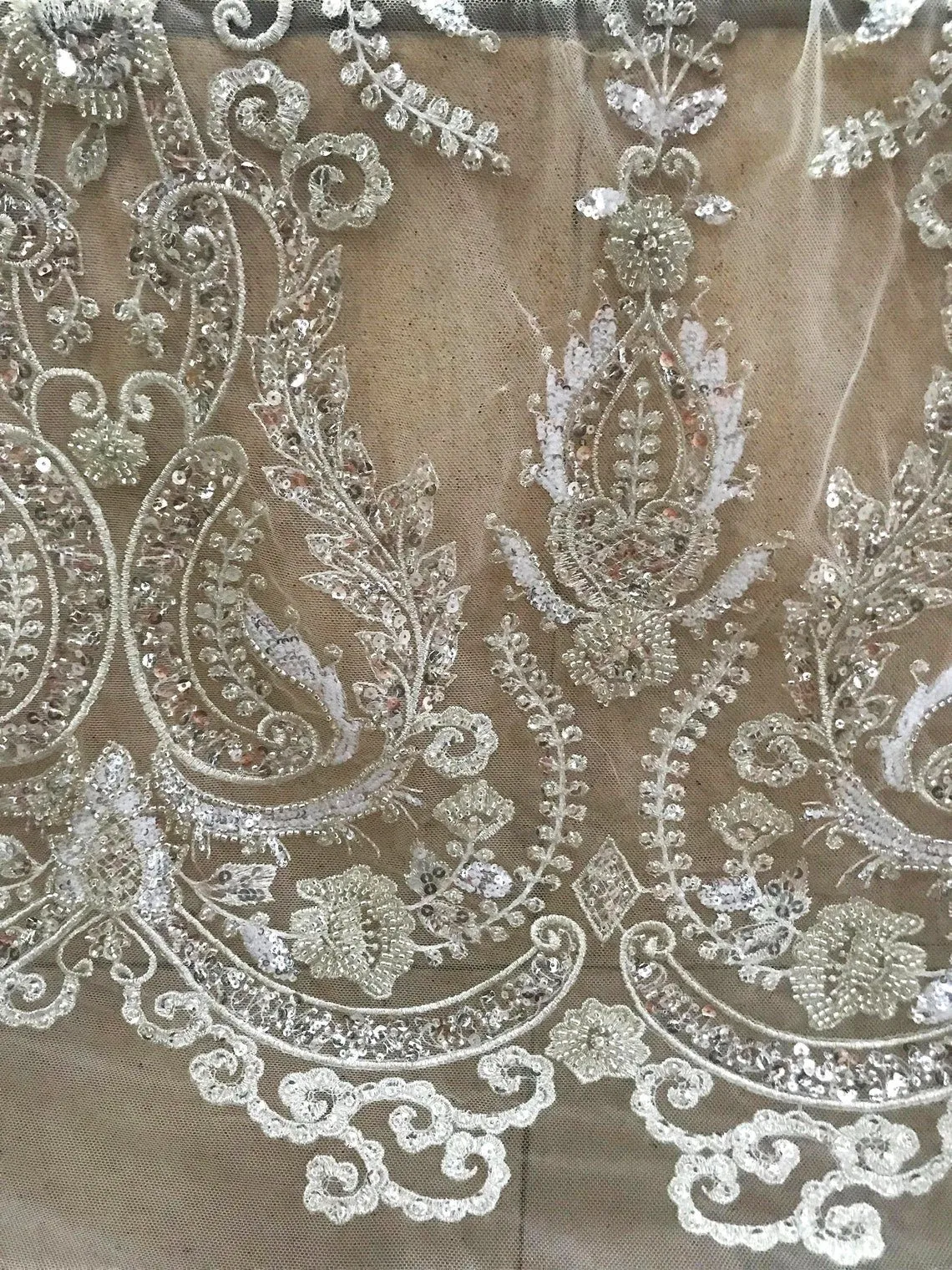 5 YARDS / Kamelia IVORY SILVER Beaded Mesh Ground Glitter Geometric Embroidery Mesh Lace / Party Prom Bridal Dress Fabric