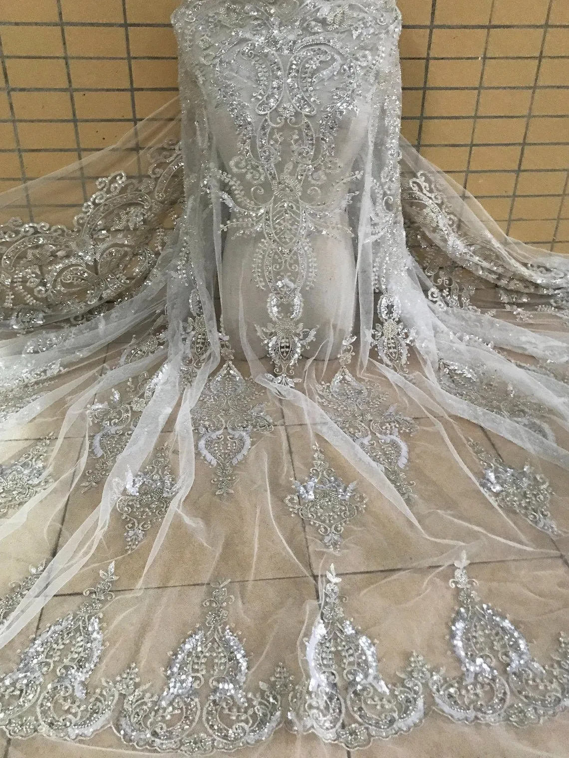 5 YARDS / Kamelia IVORY SILVER Beaded Mesh Ground Glitter Geometric Embroidery Mesh Lace / Party Prom Bridal Dress Fabric