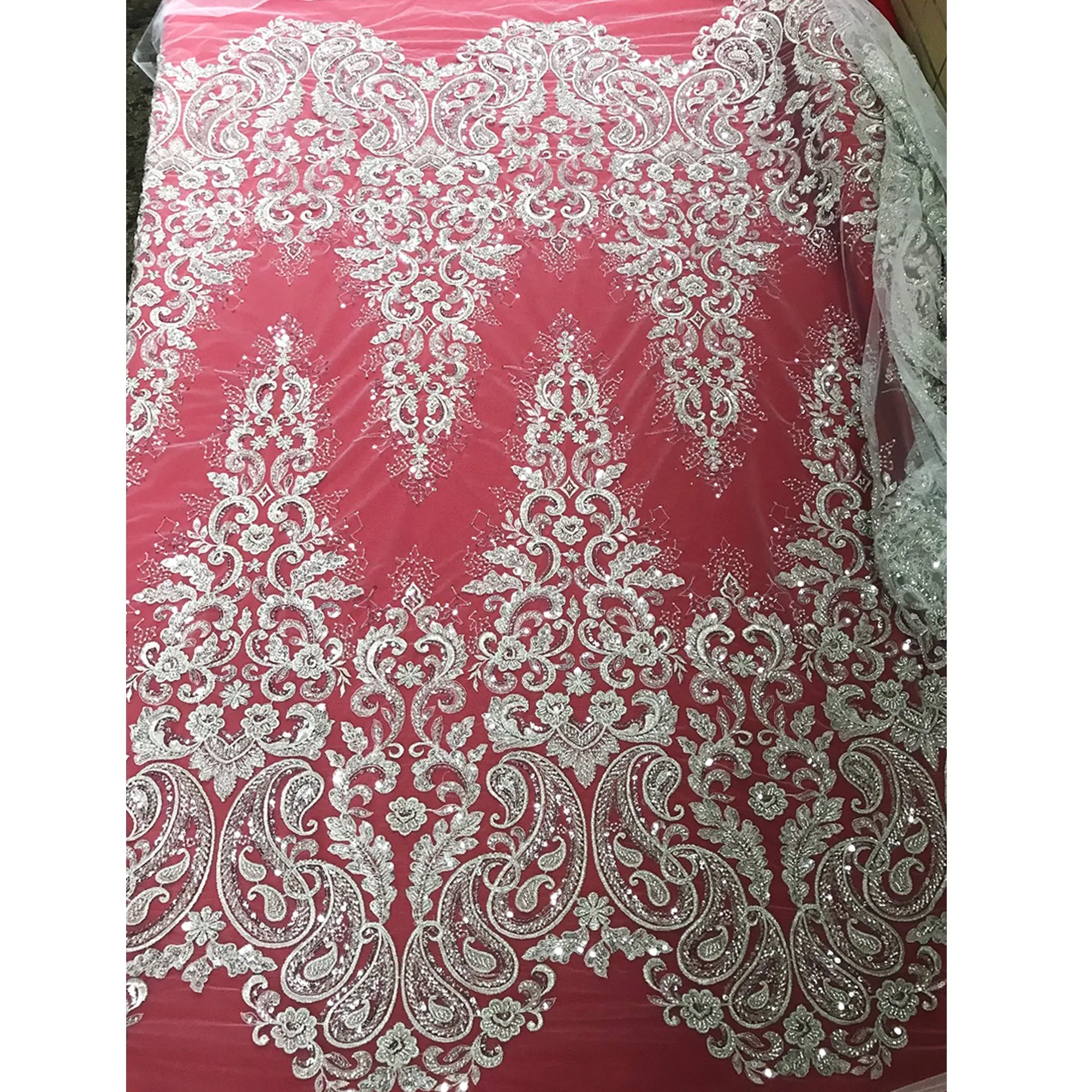 5 YARDS / Liminate BEIGE SILVER Damask Classic Pattern Sequin Dress Mesh Lace Party Prom Bridal Dress Fabric
