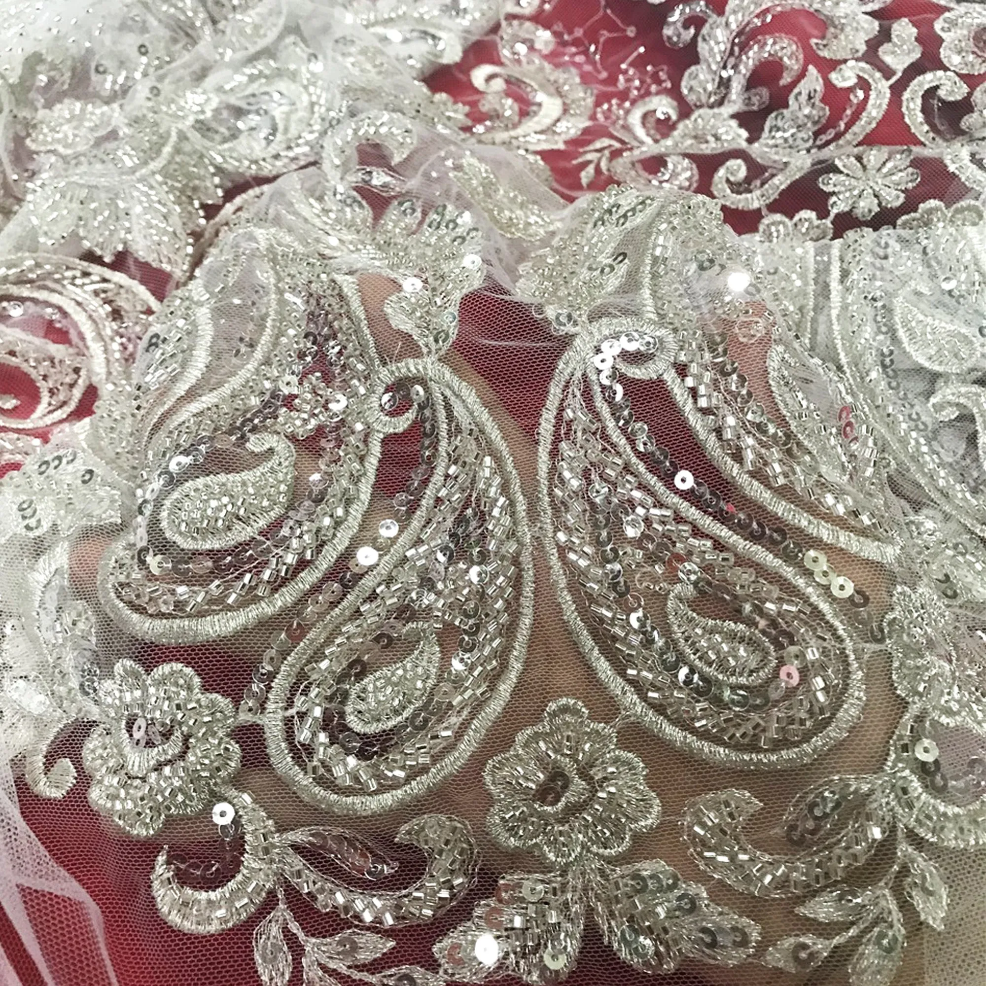 5 YARDS / Liminate BEIGE SILVER Damask Classic Pattern Sequin Dress Mesh Lace Party Prom Bridal Dress Fabric