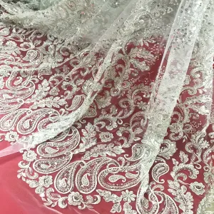 5 YARDS / Liminate BEIGE SILVER Damask Classic Pattern Sequin Dress Mesh Lace Party Prom Bridal Dress Fabric