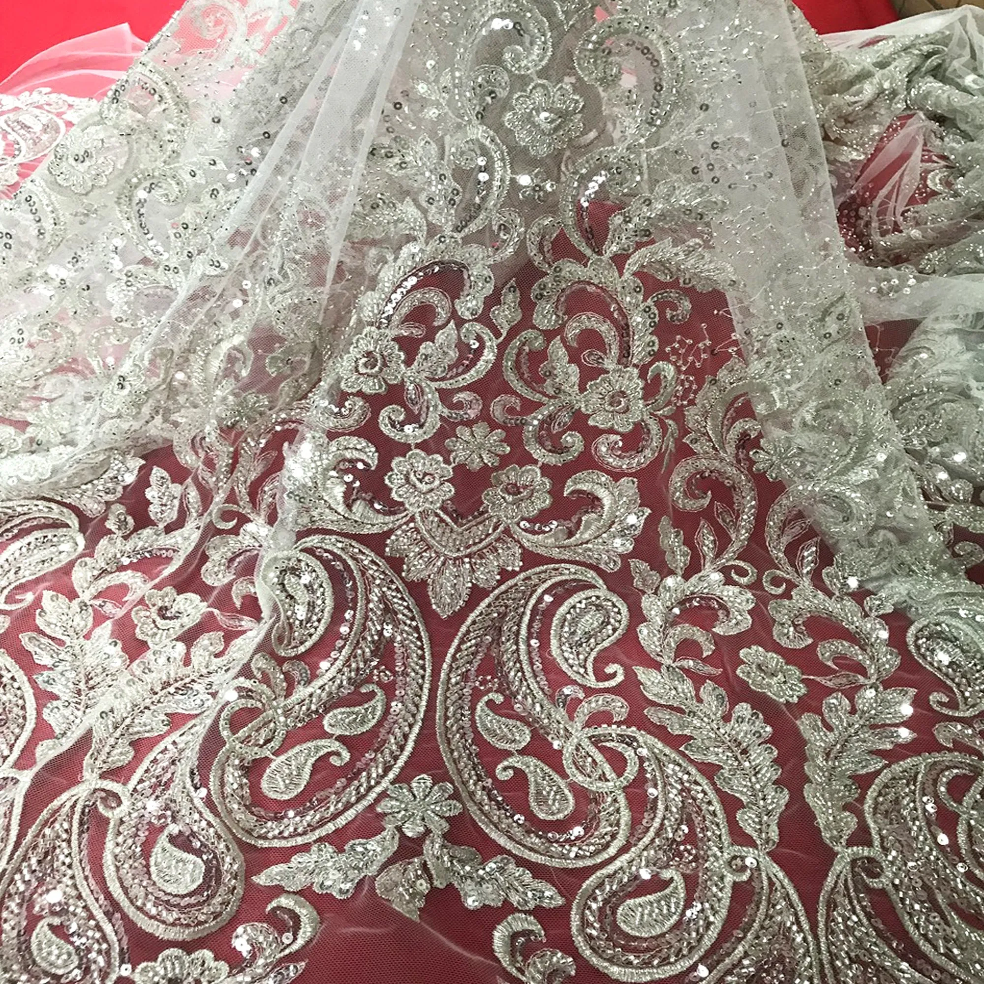 5 YARDS / Liminate BEIGE SILVER Damask Classic Pattern Sequin Dress Mesh Lace Party Prom Bridal Dress Fabric