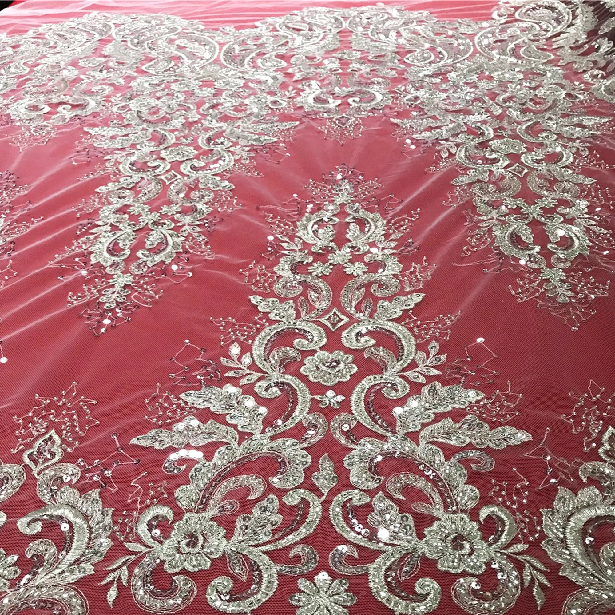 5 YARDS / Liminate BEIGE SILVER Damask Classic Pattern Sequin Dress Mesh Lace Party Prom Bridal Dress Fabric