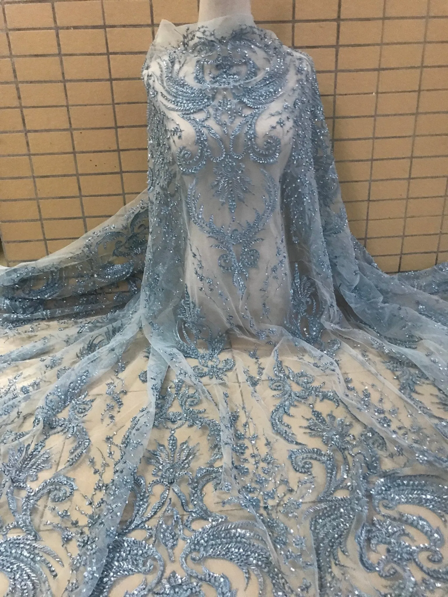 5 YARDS / Maïmouna Regal Blue Silver Sequin Beaded Embroidery Glitter Mesh Lace  Party Prom Bridal Dress Fabric