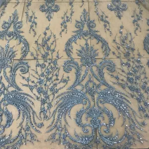 5 YARDS / Maïmouna Regal Blue Silver Sequin Beaded Embroidery Glitter Mesh Lace  Party Prom Bridal Dress Fabric