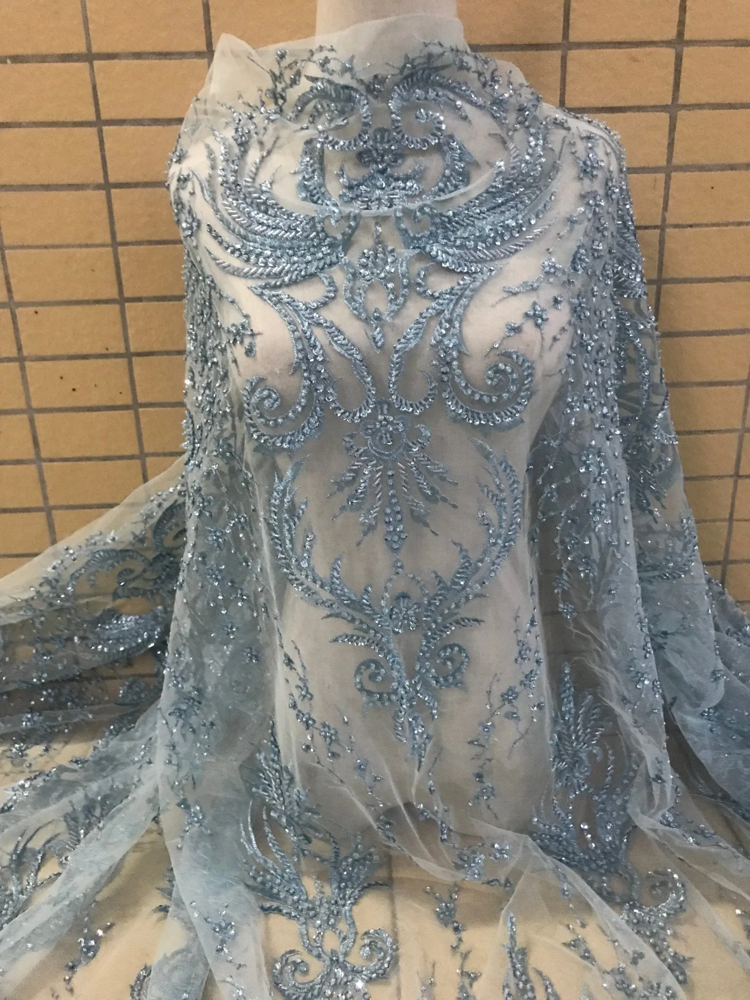 5 YARDS / Maïmouna Regal Blue Silver Sequin Beaded Embroidery Glitter Mesh Lace  Party Prom Bridal Dress Fabric