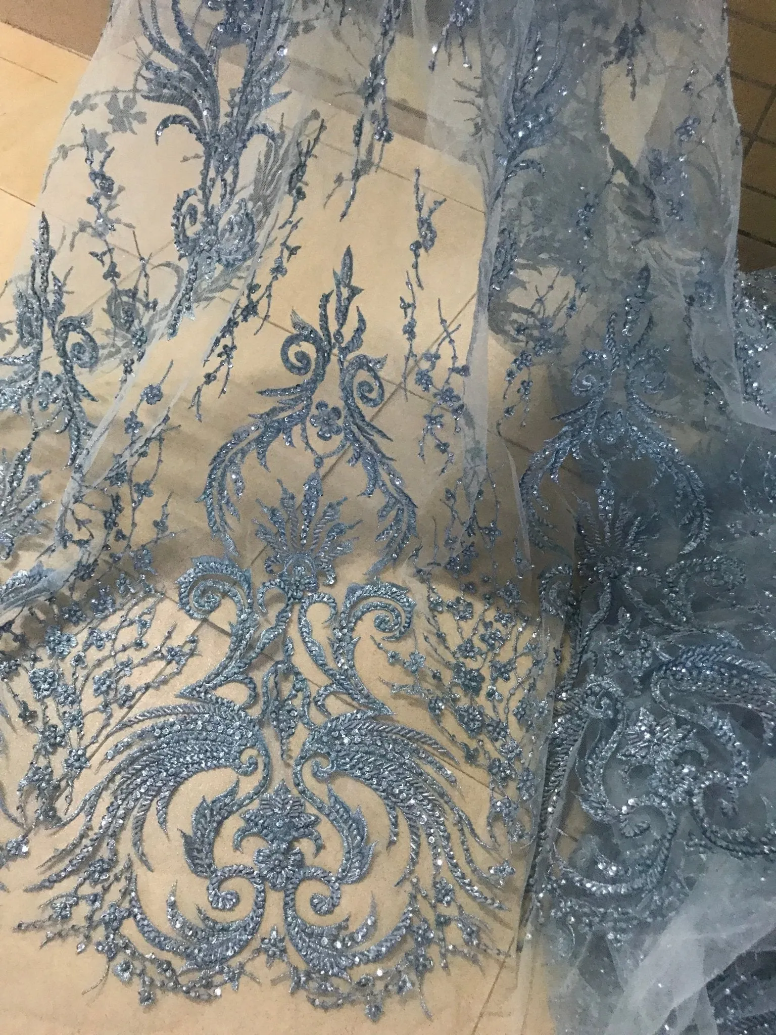 5 YARDS / Maïmouna Regal Blue Silver Sequin Beaded Embroidery Glitter Mesh Lace  Party Prom Bridal Dress Fabric