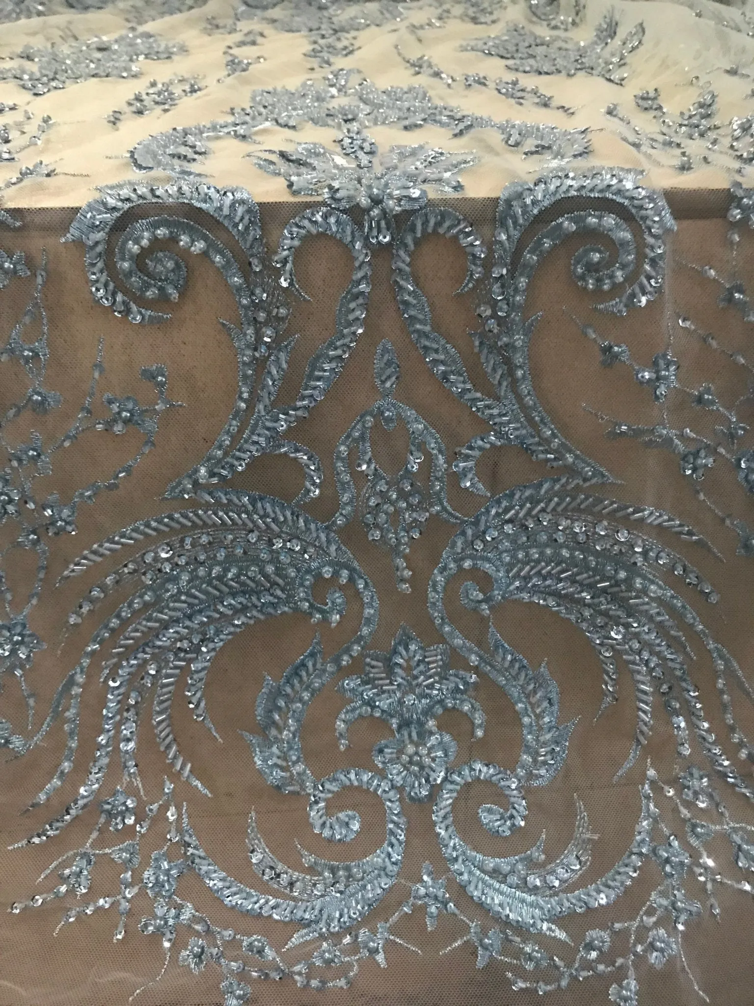 5 YARDS / Maïmouna Regal Blue Silver Sequin Beaded Embroidery Glitter Mesh Lace  Party Prom Bridal Dress Fabric