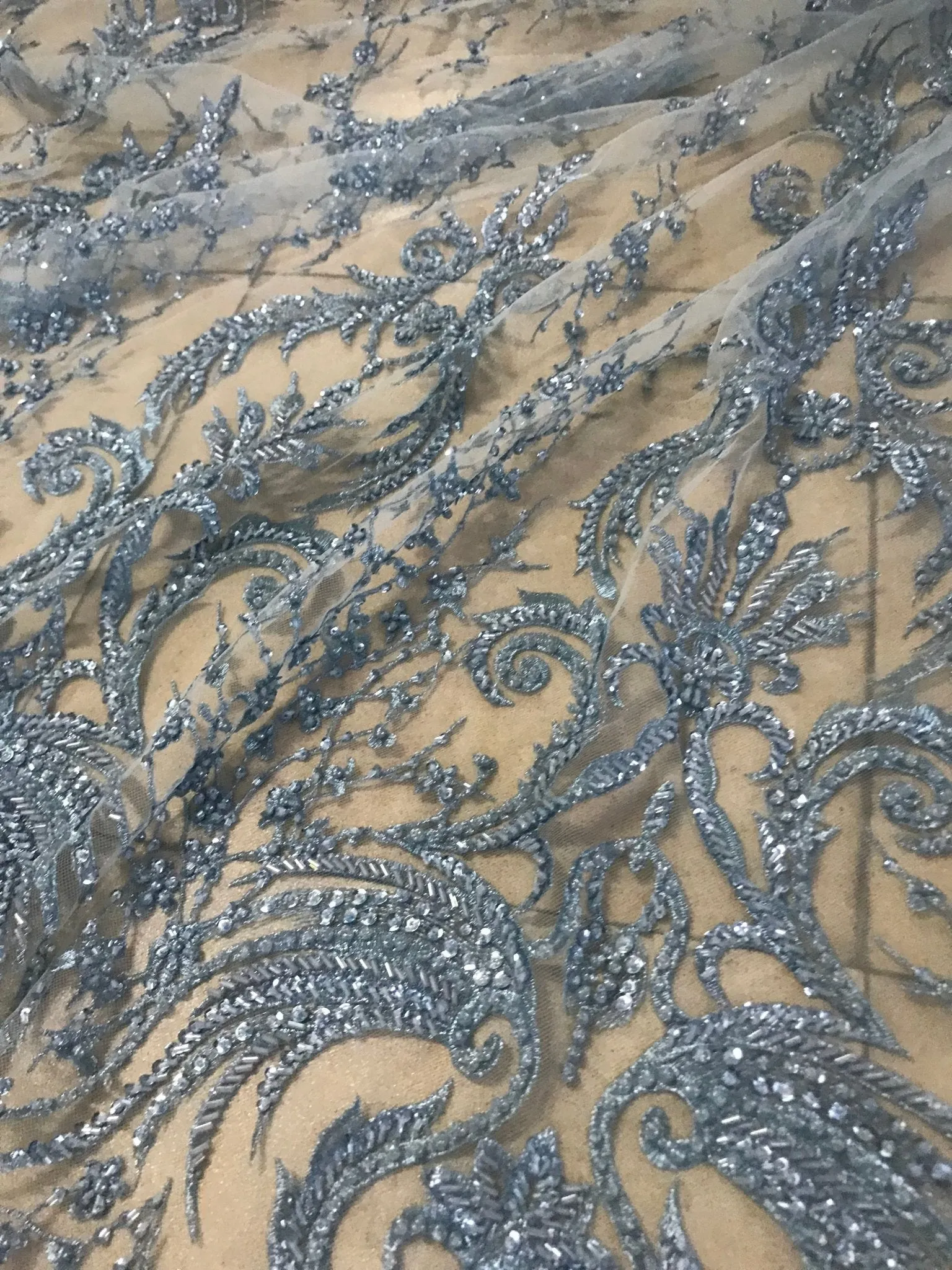 5 YARDS / Maïmouna Regal Blue Silver Sequin Beaded Embroidery Glitter Mesh Lace  Party Prom Bridal Dress Fabric