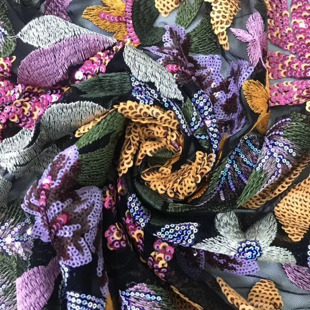 5 YARDS / Medina Cute Floral Beaded Embroidery Glitter Black Mesh Lace  Party Prom Bridal Dress Fabric