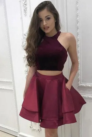 A-Line Two Pieces Scoop Short Satin Burgundy Halter Above Knee Homecoming Dress WK300