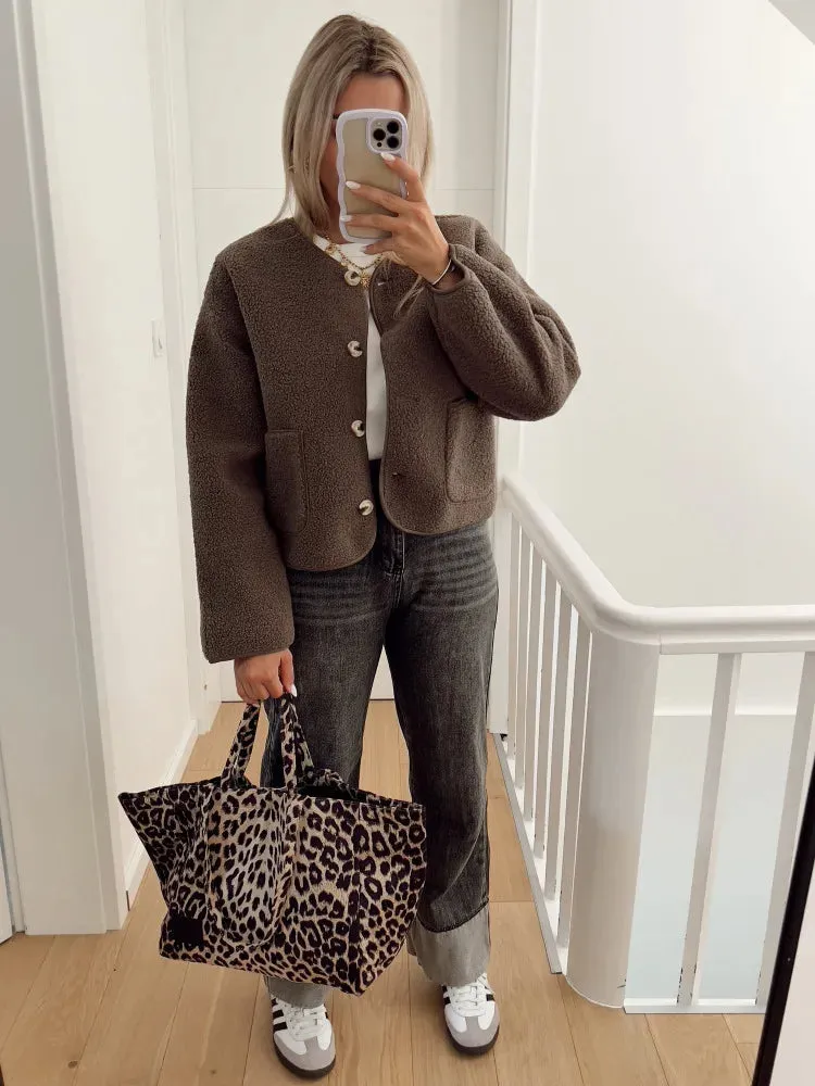 Back To School Joskaa Women's Casual Round Neck Long Sleeved Fleece Jacket Solid Color Pocket Single Breasted Outerwear 2024 Autumn Street Office Coat