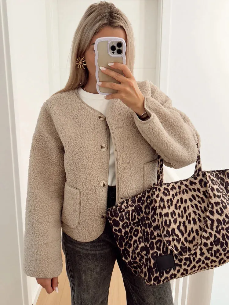 Back To School Joskaa Women's Casual Round Neck Long Sleeved Fleece Jacket Solid Color Pocket Single Breasted Outerwear 2024 Autumn Street Office Coat