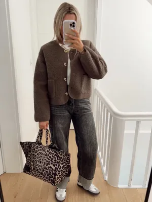 Back To School Joskaa Women's Casual Round Neck Long Sleeved Fleece Jacket Solid Color Pocket Single Breasted Outerwear 2024 Autumn Street Office Coat