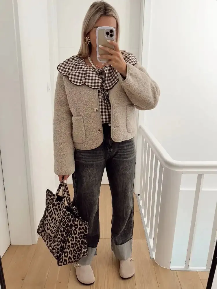 Back To School Joskaa Women's Casual Round Neck Long Sleeved Fleece Jacket Solid Color Pocket Single Breasted Outerwear 2024 Autumn Street Office Coat