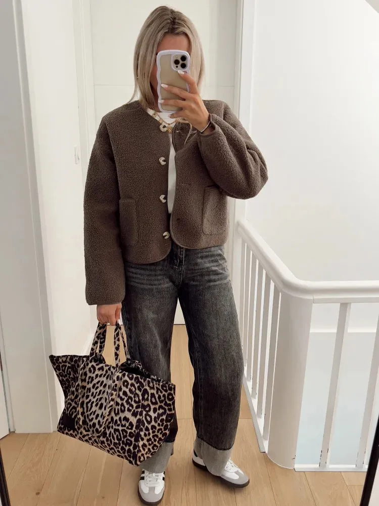 Back To School Joskaa Women's Casual Round Neck Long Sleeved Fleece Jacket Solid Color Pocket Single Breasted Outerwear 2024 Autumn Street Office Coat