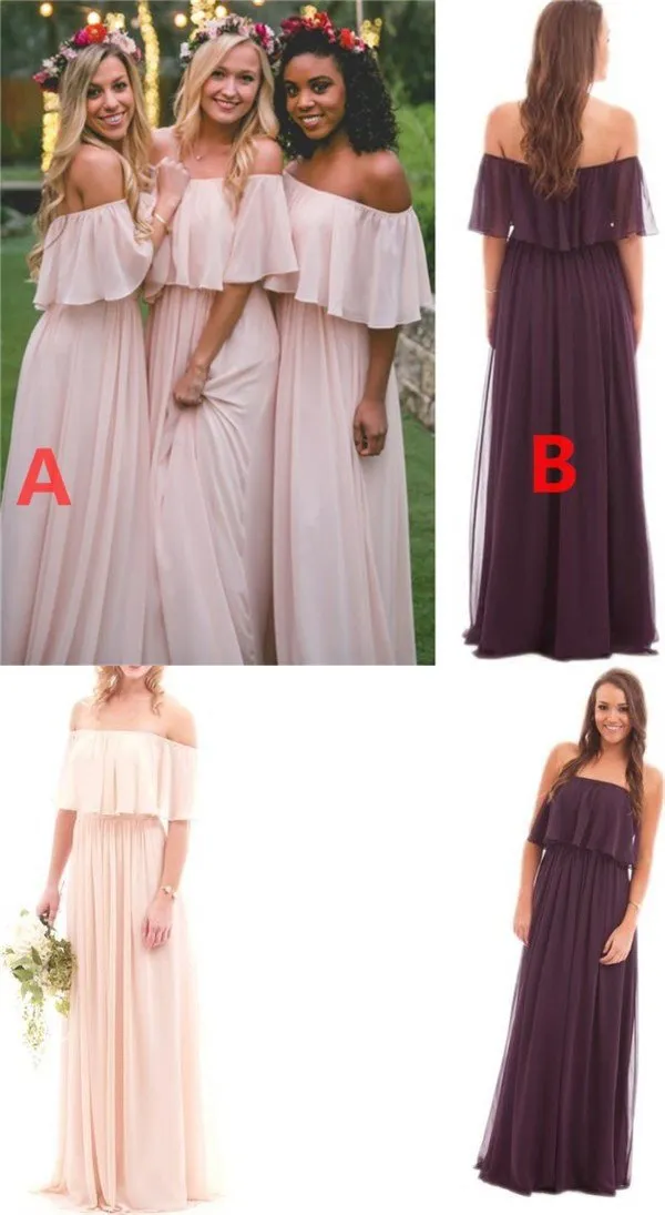 Beautiful Bridesmaid Dresses Off-the-shoulder A Line Long Chiffon Boho Bridesmaid Dresses JKB079