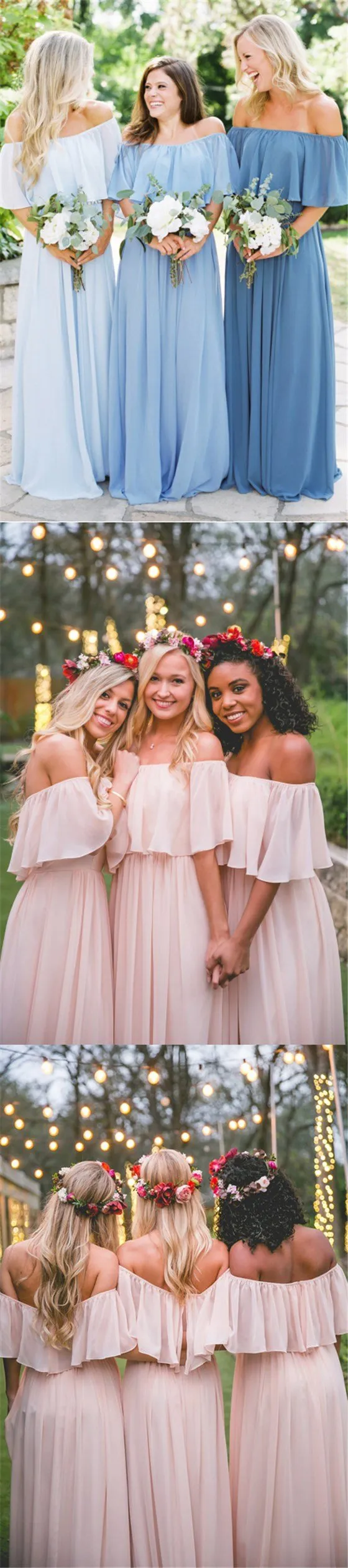 Beautiful Bridesmaid Dresses Off-the-shoulder A Line Long Chiffon Boho Bridesmaid Dresses JKB079