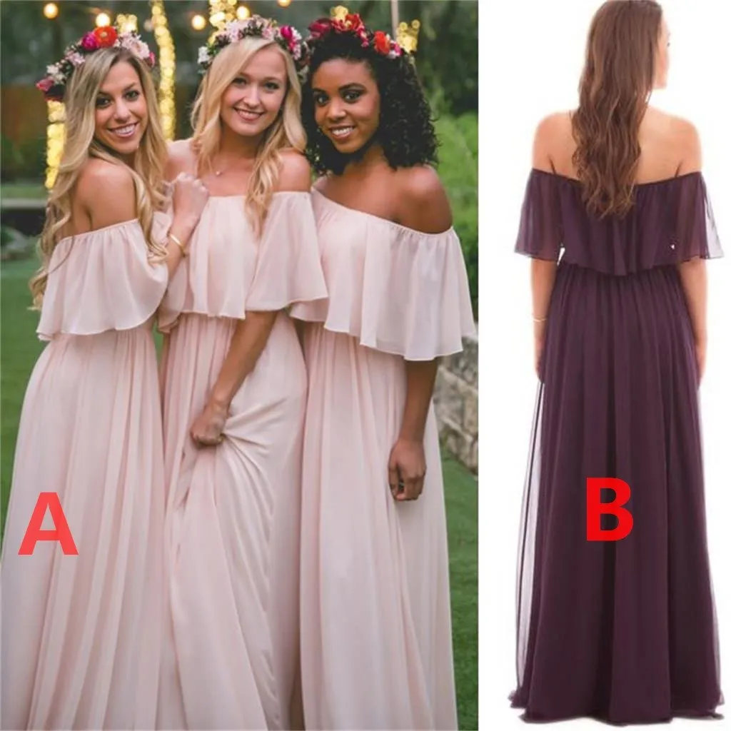 Beautiful Bridesmaid Dresses Off-the-shoulder A Line Long Chiffon Boho Bridesmaid Dresses JKB079
