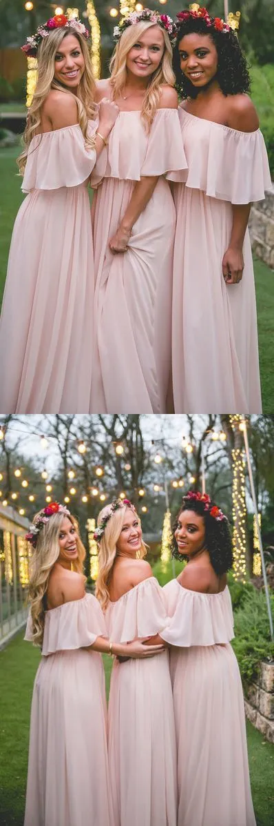 Beautiful Bridesmaid Dresses Off-the-shoulder A Line Long Chiffon Boho Bridesmaid Dresses JKB079
