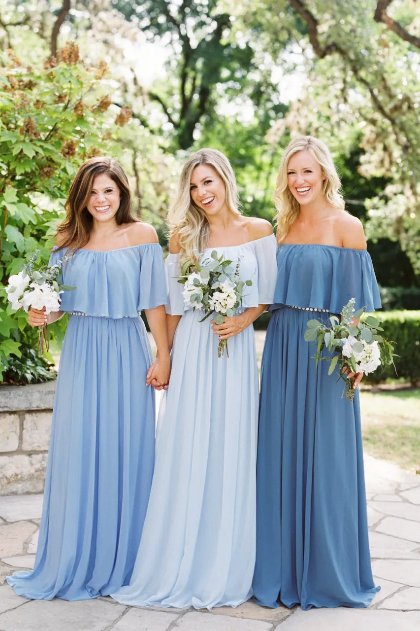 Beautiful Bridesmaid Dresses Off-the-shoulder A Line Long Chiffon Boho Bridesmaid Dresses JKB079