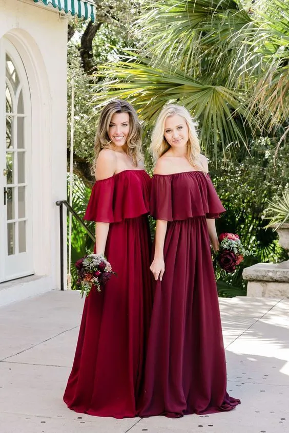 Beautiful Bridesmaid Dresses Off-the-shoulder A Line Long Chiffon Boho Bridesmaid Dresses JKB079