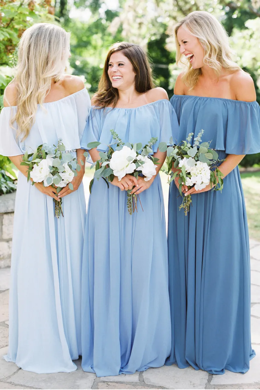 Beautiful Bridesmaid Dresses Off-the-shoulder A Line Long Chiffon Boho Bridesmaid Dresses JKB079