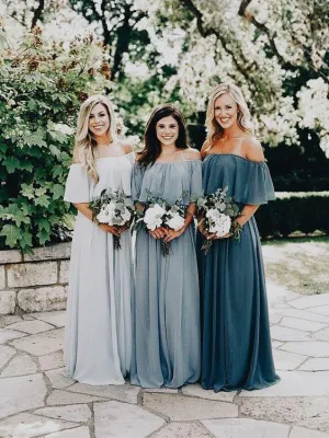 Beautiful Bridesmaid Dresses Off-the-shoulder A Line Long Chiffon Boho Bridesmaid Dresses JKB079