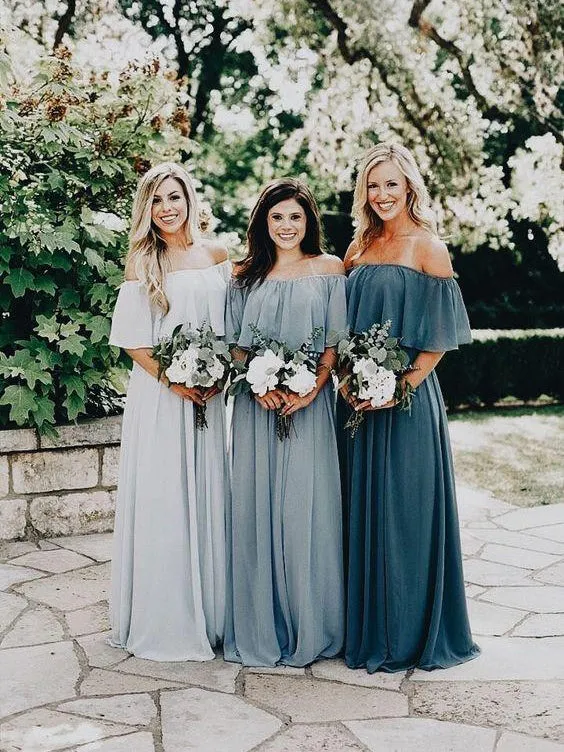 Beautiful Bridesmaid Dresses Off-the-shoulder A Line Long Chiffon Boho Bridesmaid Dresses JKB079