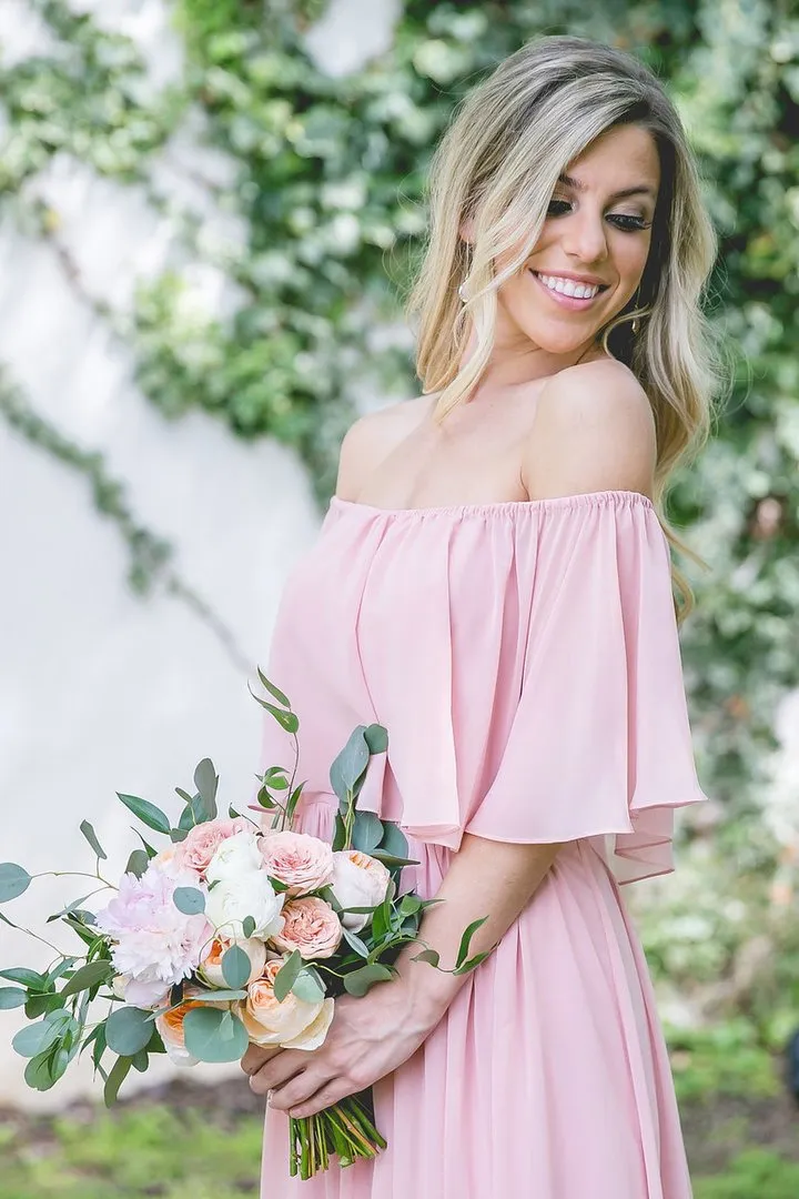 Beautiful Bridesmaid Dresses Off-the-shoulder A Line Long Chiffon Boho Bridesmaid Dresses JKB079