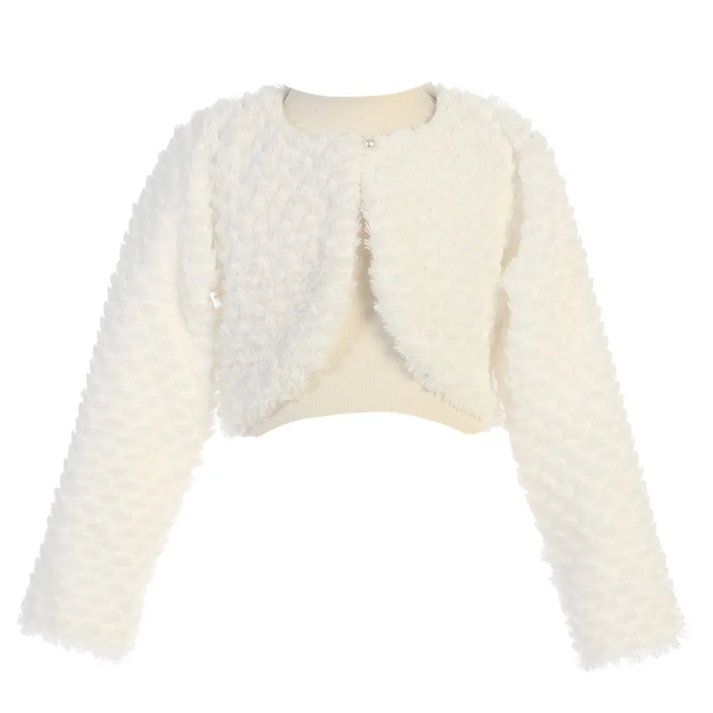 Big Girls Ivory Long Sleeve Single Button Faux Fur Bolero 7-10