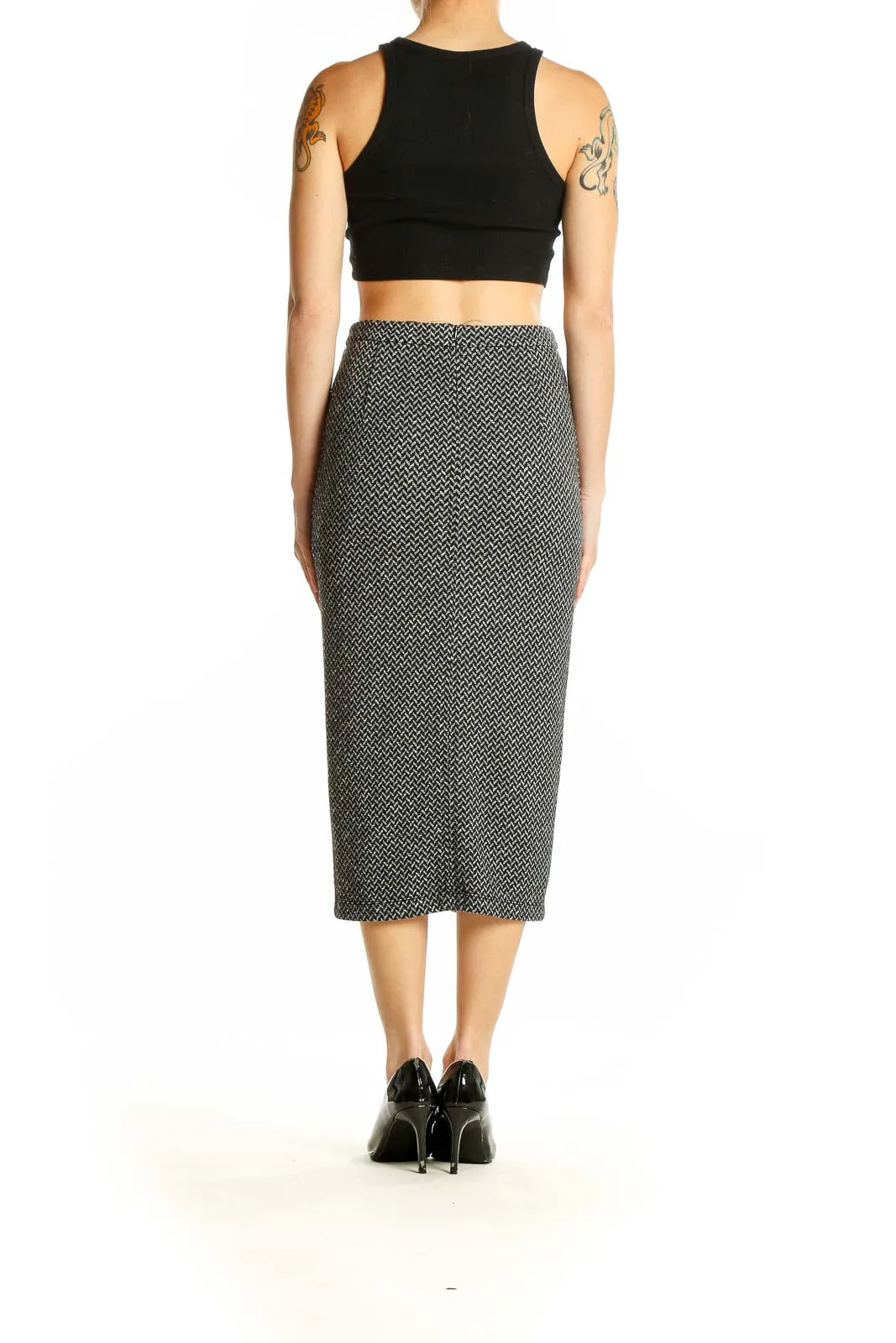 Black and White Herringbone Midi Skirt