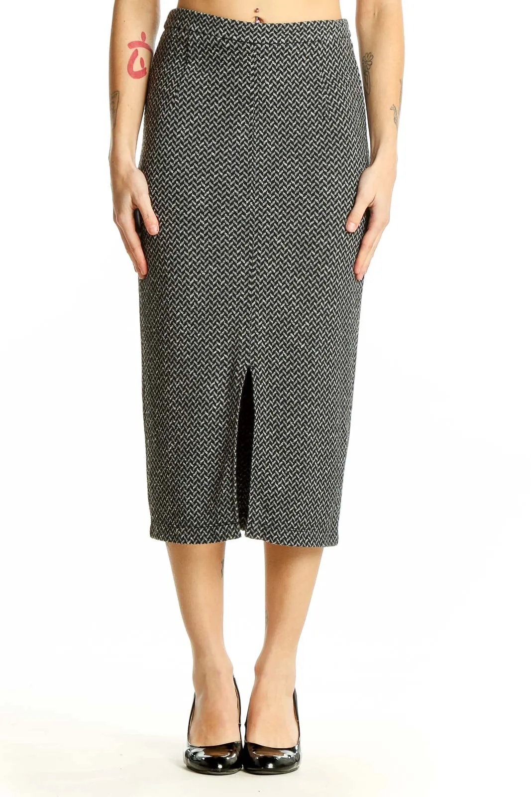 Black and White Herringbone Midi Skirt