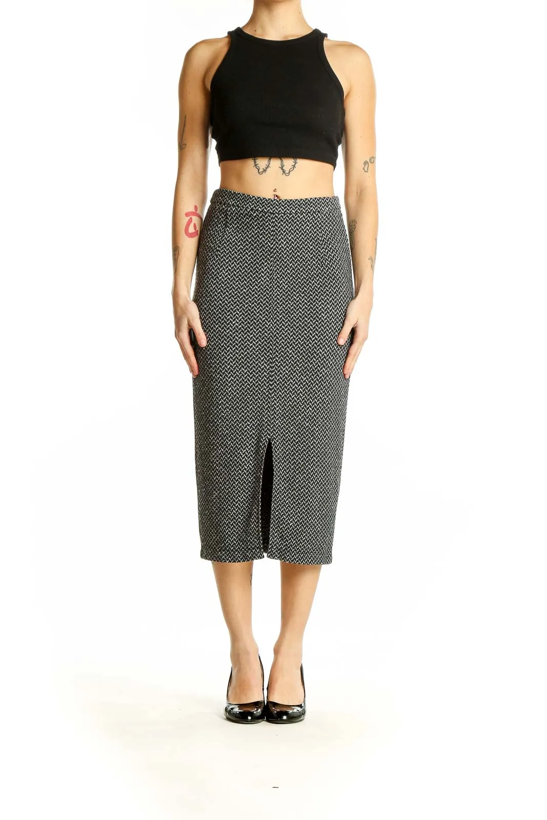 Black and White Herringbone Midi Skirt