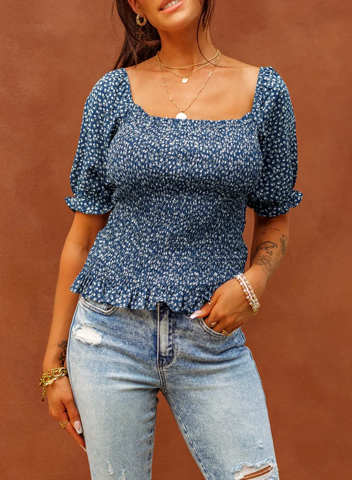Black Long Sleeve Blouses for Women Puff Long Sleeve Square Neck Tops Off The Shoulder Floral - EVALESS