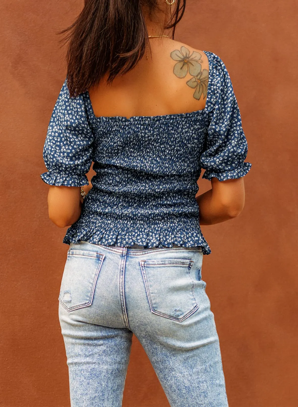 Black Long Sleeve Blouses for Women Puff Long Sleeve Square Neck Tops Off The Shoulder Floral - EVALESS