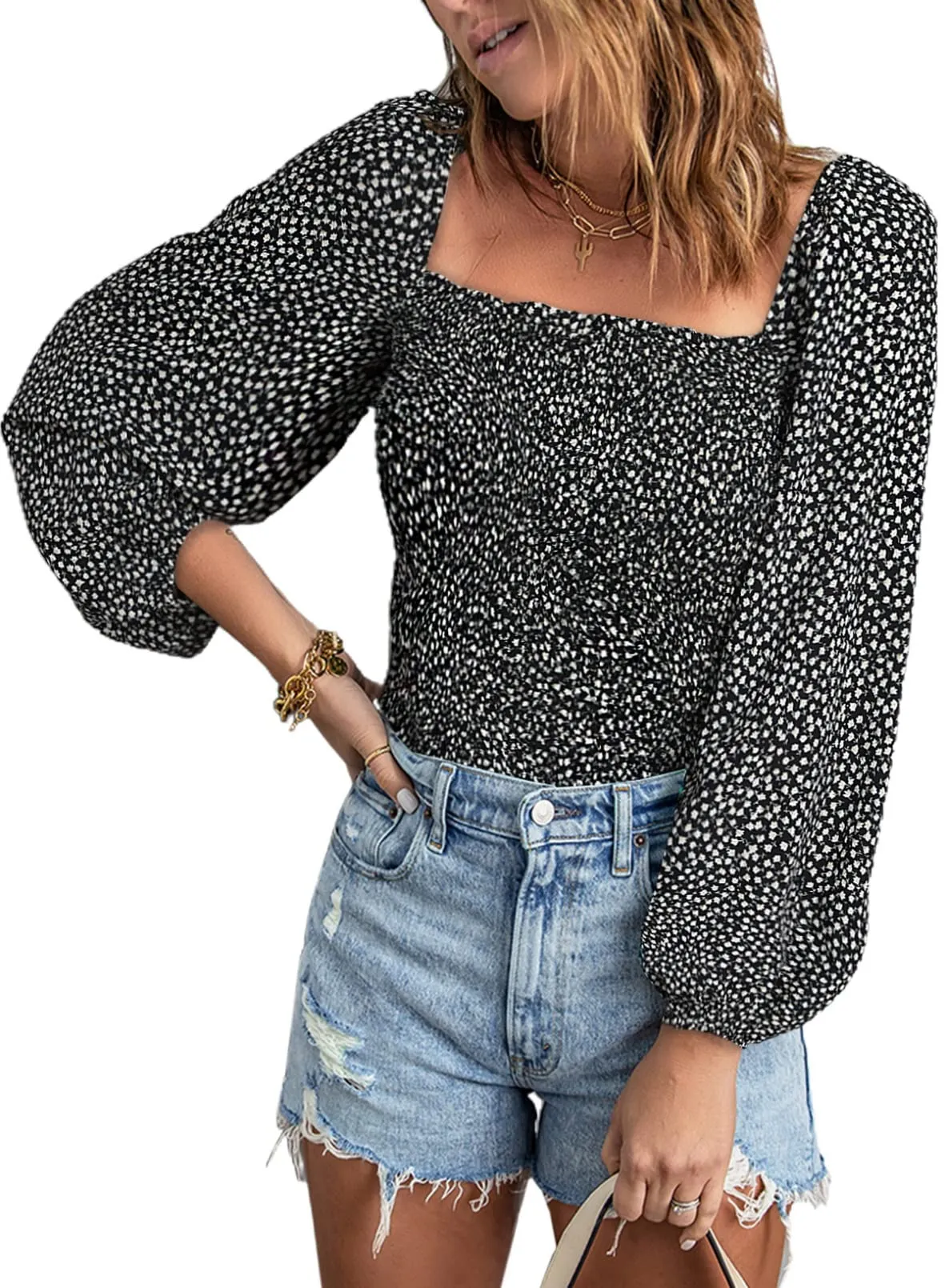 Black Long Sleeve Blouses for Women Puff Long Sleeve Square Neck Tops Off The Shoulder Floral - EVALESS