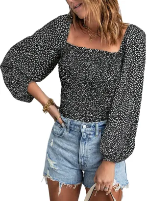 Black Long Sleeve Blouses for Women Puff Long Sleeve Square Neck Tops Off The Shoulder Floral - EVALESS