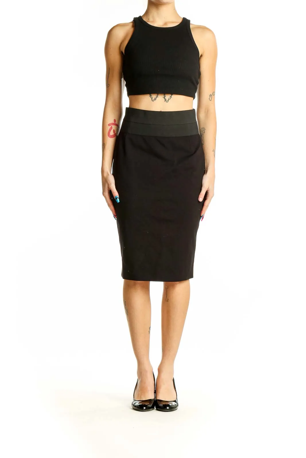 Black Pencil Skirt with Wide Waistband